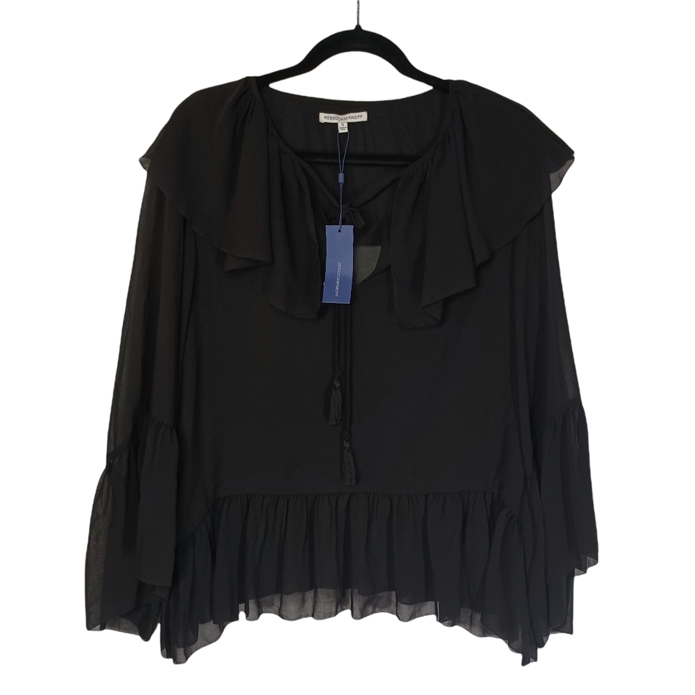 REBECCA MINKOFF Patti Black Semi Sheer Chiffon Ruffle Bell Sleeve Top S NWT